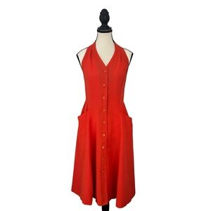Vintage Orange Halter Midi Dress | Button Front, Pockets, Fit & Flare | Small